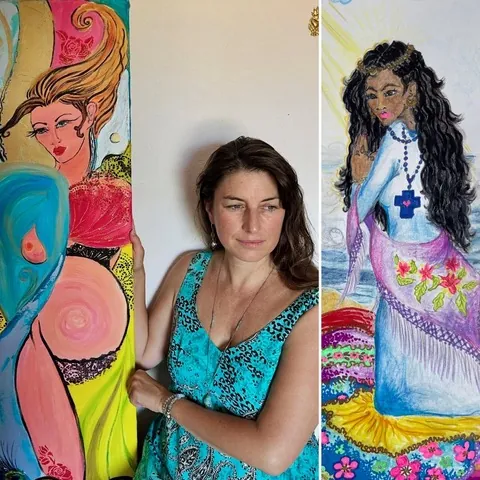 Fanny Chabrier dans son atelier, entre La Maternité et une figure féminine peinte