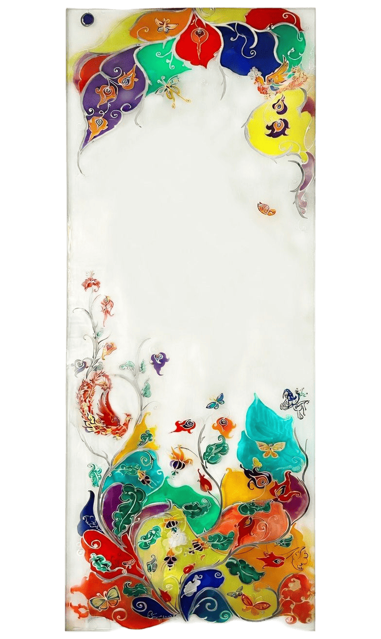 Panneau de verre peint : ornements floraux d’inspiration médiévale
